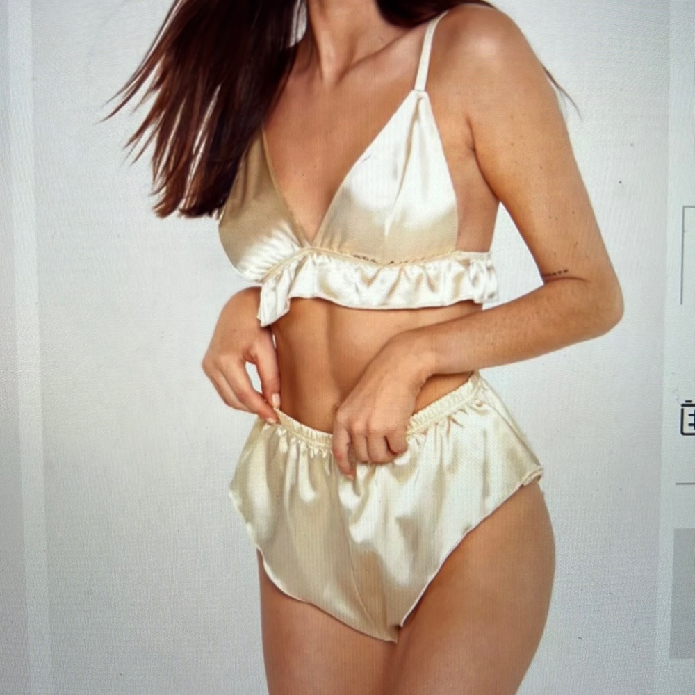 Satin ruffle bralette and panty set pajamas